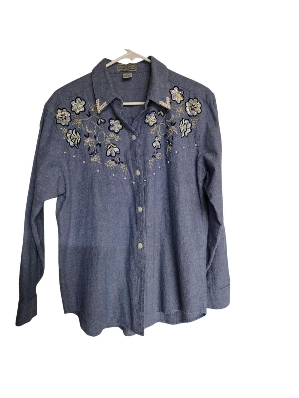 Jane Ashley Vintage Embellished Faux Pearl Denim Button Up Shirt Size Medium